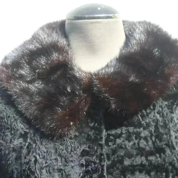 VTG RETRO 1970s Black Retro Swirl  Short Waisted Cocktail Fur Collar Coat Jacket - Picture 3 of 10
